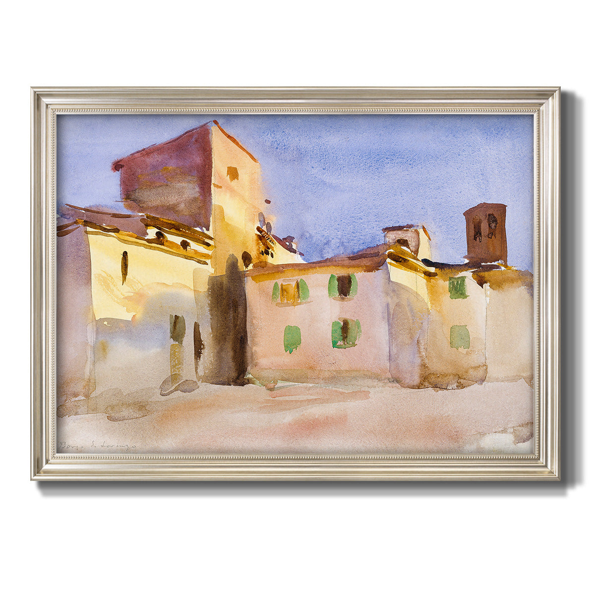 Impressionist Italian village scene by John Singer Sargent printed on canvas in an ornate champagne frame.