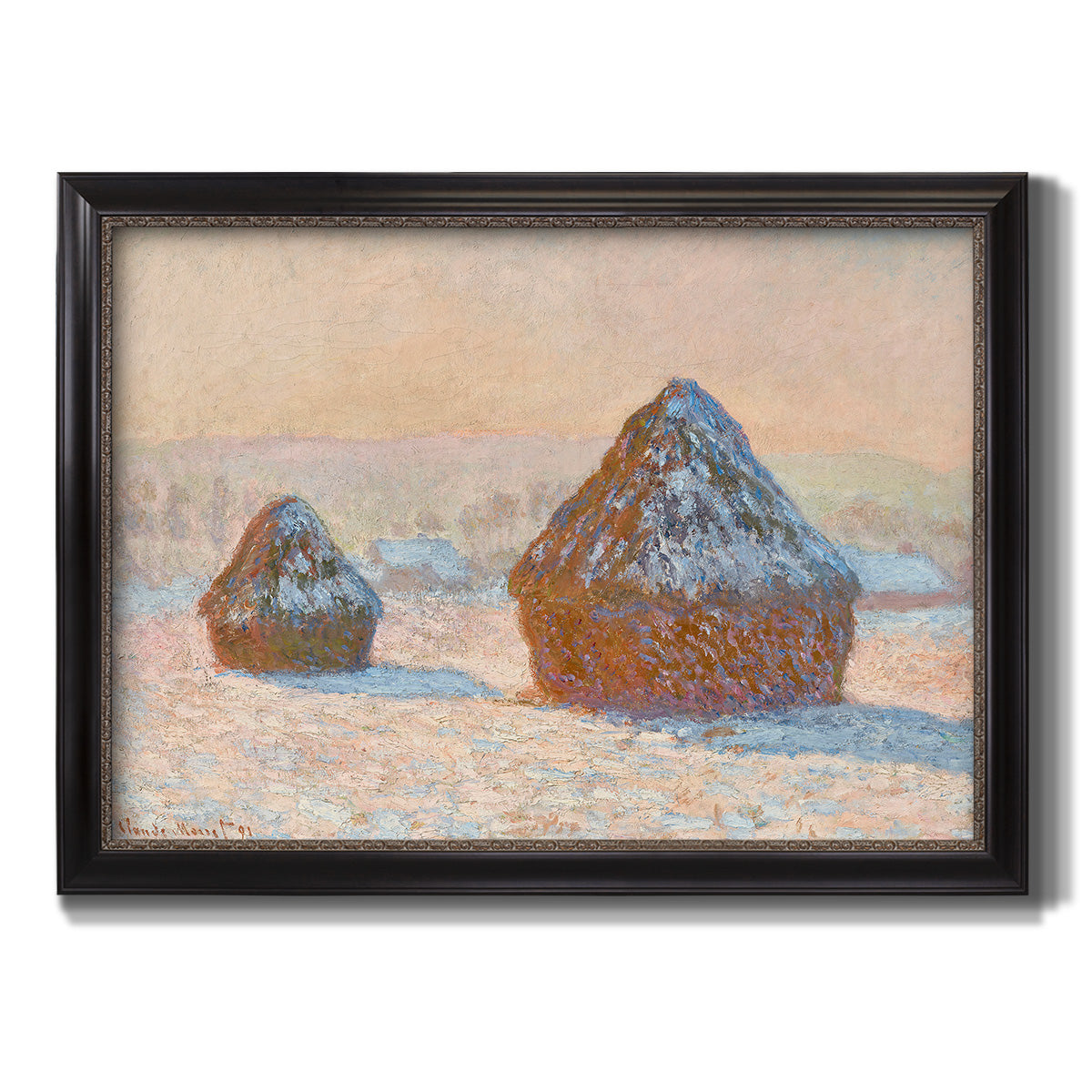 Impressionist winter haystack scene by Claude Monet printed on canvas in an ornate black frame with gilded inner detail.