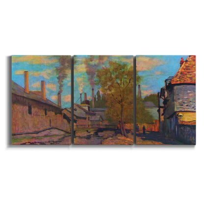 Three-panel canvas wall art featuring wooded stream landscape on white background.