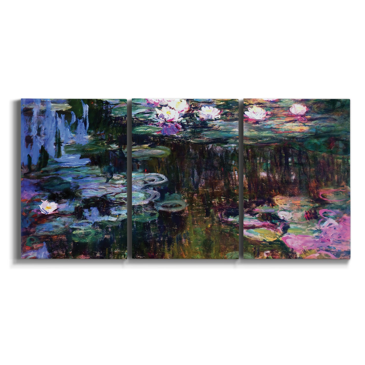 Three-panel canvas wall art featuring water lilies with willow reflections on white background.
