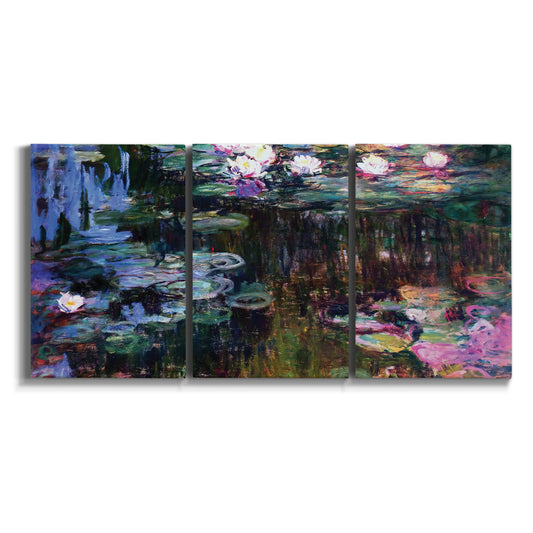 Three-panel canvas wall art featuring water lilies with willow reflections on white background.