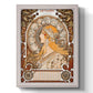 Art Nouveau allegorical zodiac illustration by Alphonse Mucha printed on canvas in an ornate champagne frame with a vertical orientation.