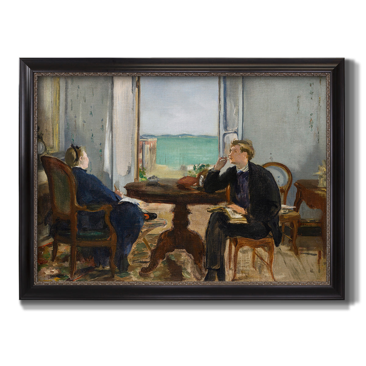 Impressionist interior scene by Édouard Manet printed on canvas in an ornate black frame with gilded inner detail.