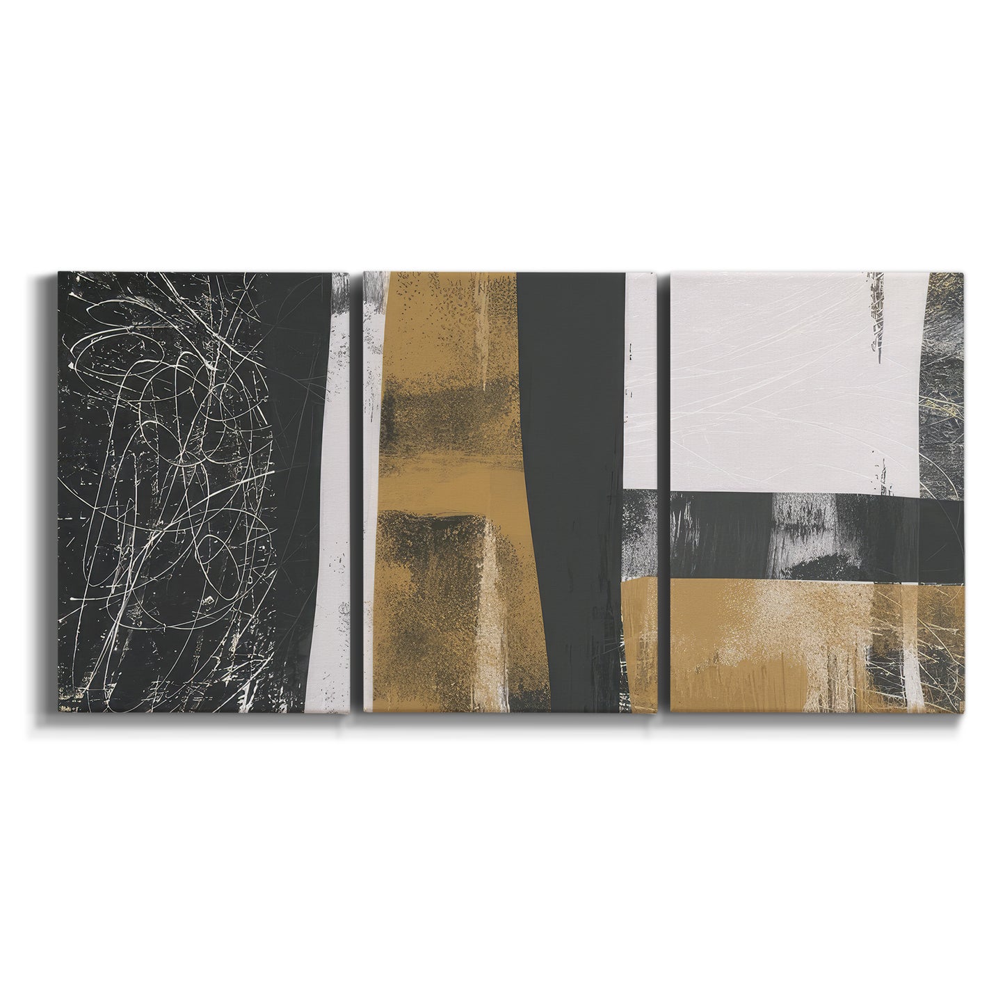 Three-panel canvas wall art featuring industrial mid century abstract glitch on white background.