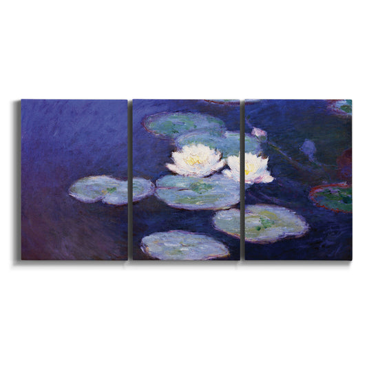 Three-panel canvas wall art featuring water lilies beneath drifting clouds on white background.