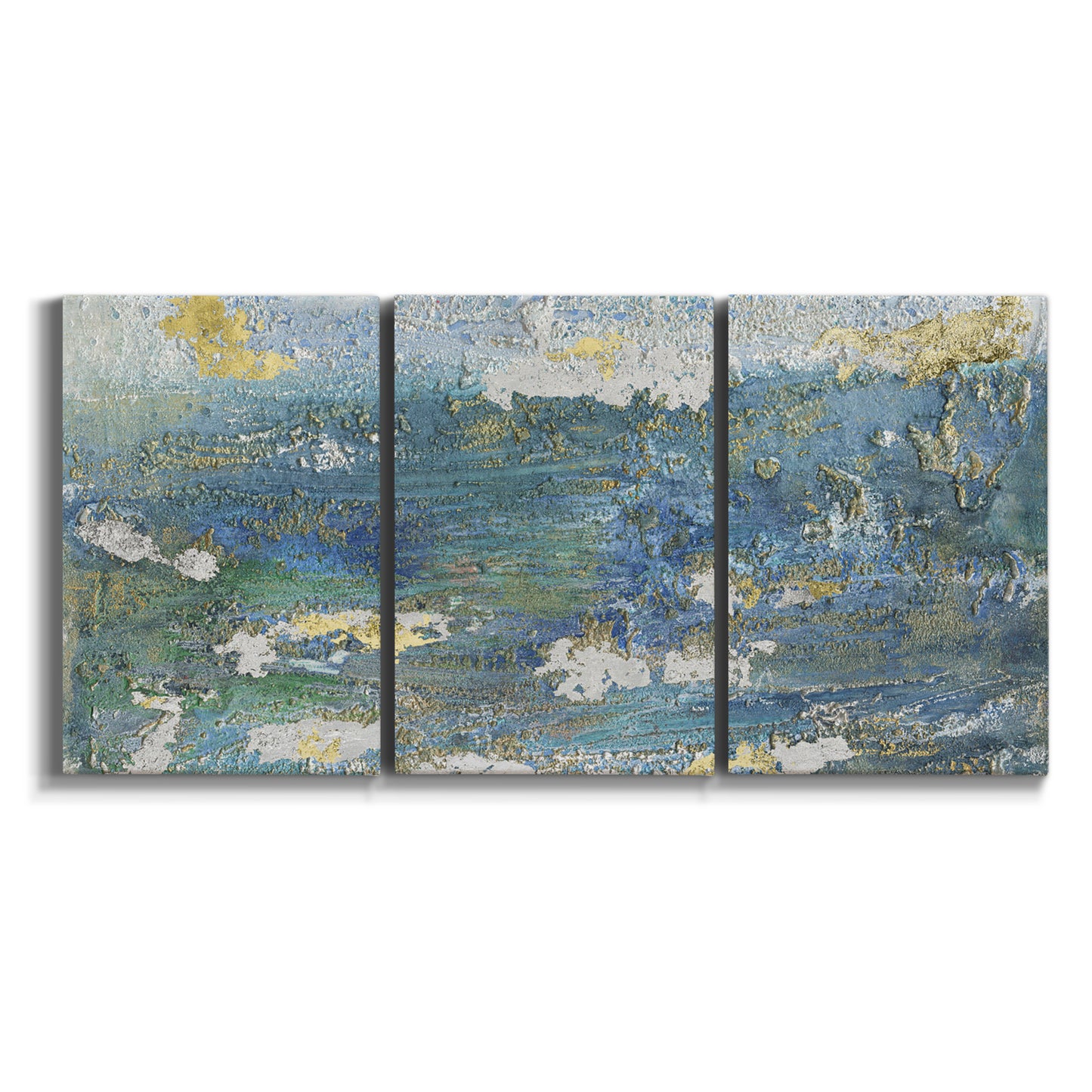Three-panel canvas wall art featuring sparkling abstract sea surface on white background.