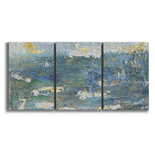 Three-panel canvas wall art featuring sparkling abstract sea surface on white background.