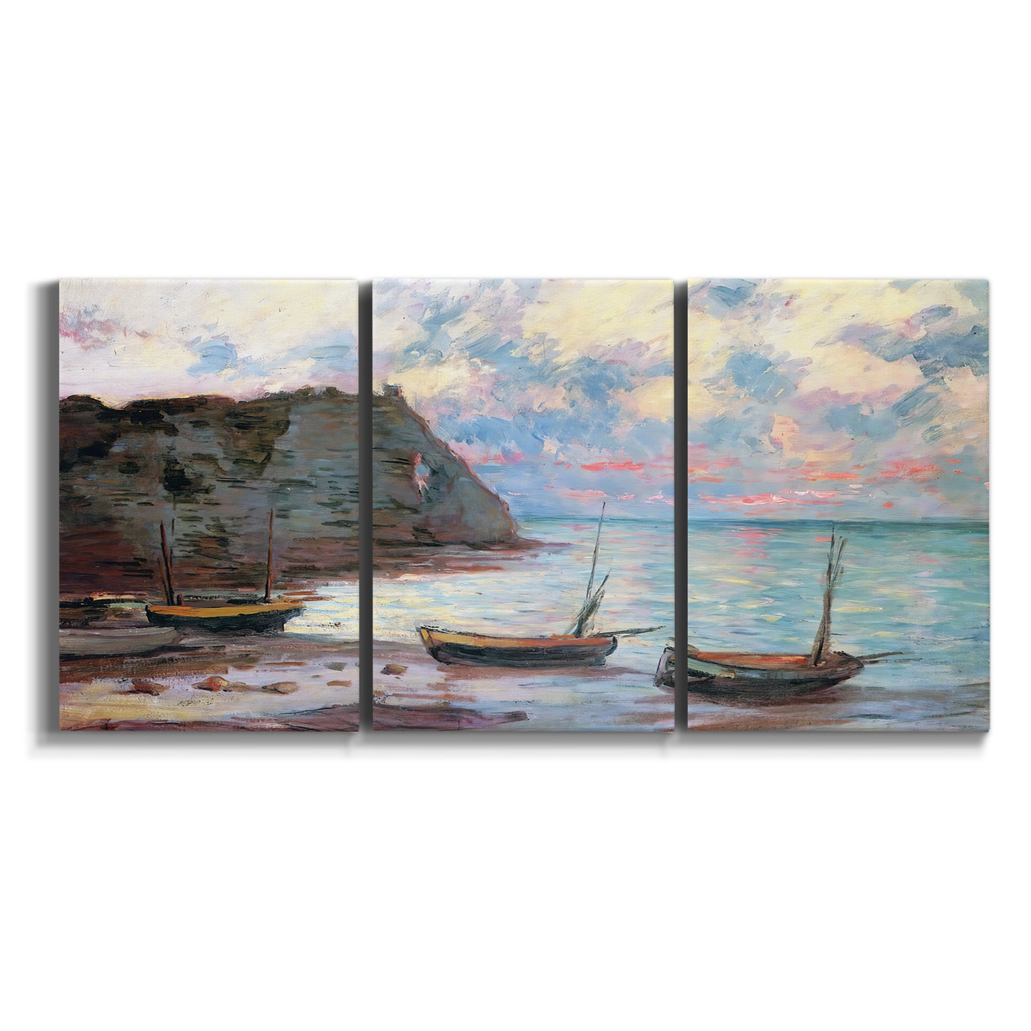 Three-panel canvas wall art featuring golden coastal sunset with cliffs on white background.