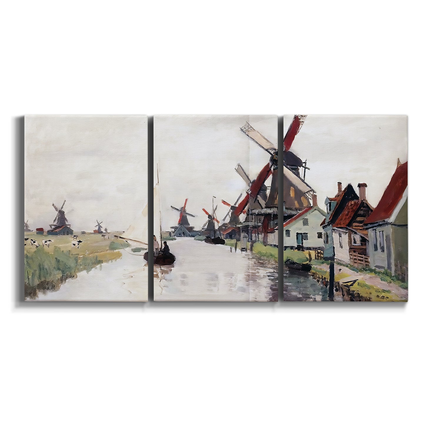 Three-panel canvas wall art featuring windmills beside calm water on white background.