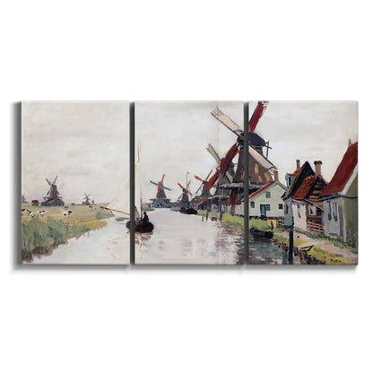 Three-panel canvas wall art featuring windmills beside calm water on white background.