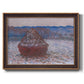 Impressionist single haystack landscape by Claude Monet printed on canvas in an ornate bronzed mahogany wood frame.