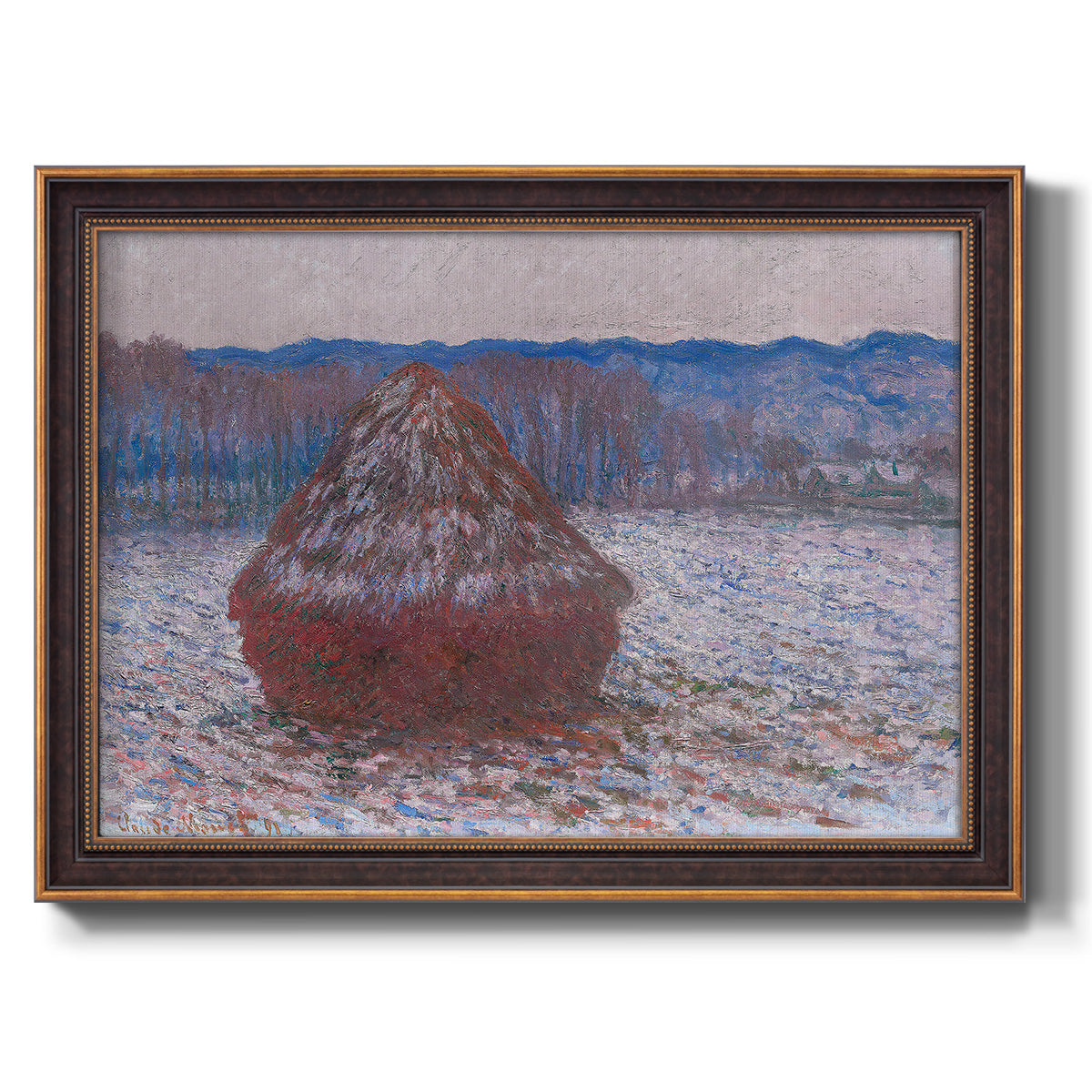 Impressionist single haystack landscape by Claude Monet printed on canvas in an ornate bronzed mahogany wood frame.