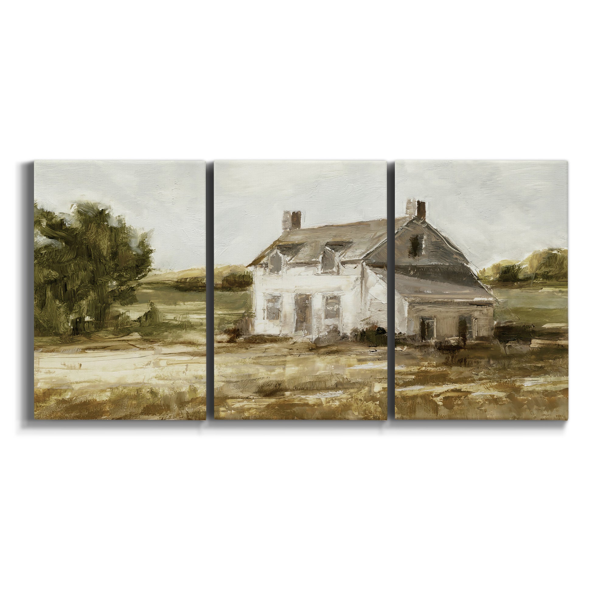 Three-panel canvas wall art featuring rural farmhouse harvest landscape on white background.