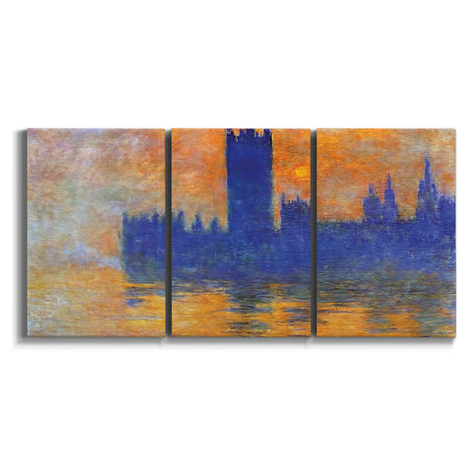 Three-panel canvas wall art featuring parliament buildings at sunset on white background.