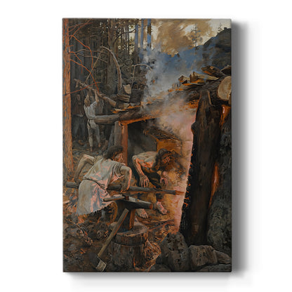 Canvas art print featuring a mythological scene of figures forging a magical object in a glowing workshop on a clean white background.
