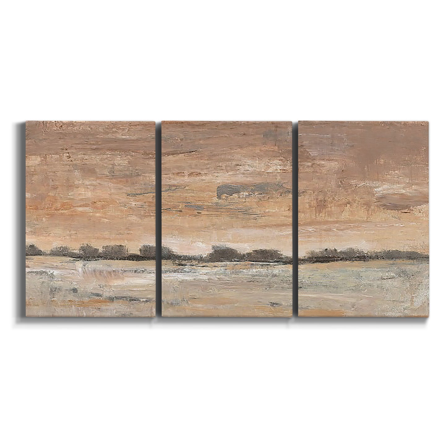 Three-panel canvas wall art featuring soft early evening landscape light on white background.