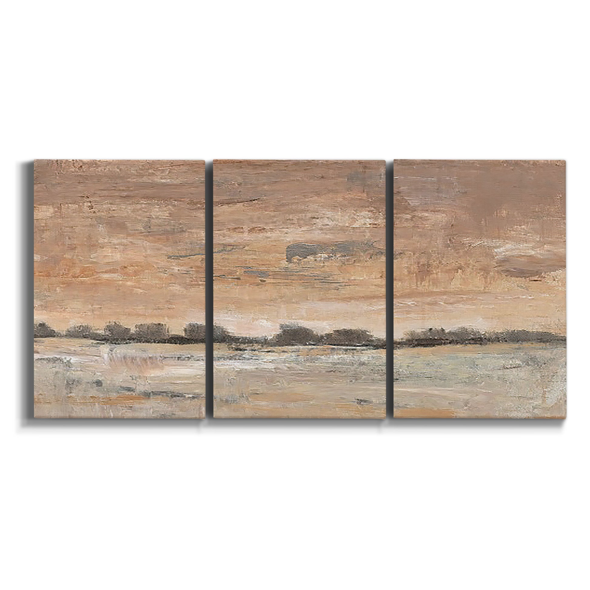 Three-panel canvas wall art featuring soft early evening landscape light on white background.