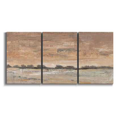Three-panel canvas wall art featuring soft early evening landscape light on white background.