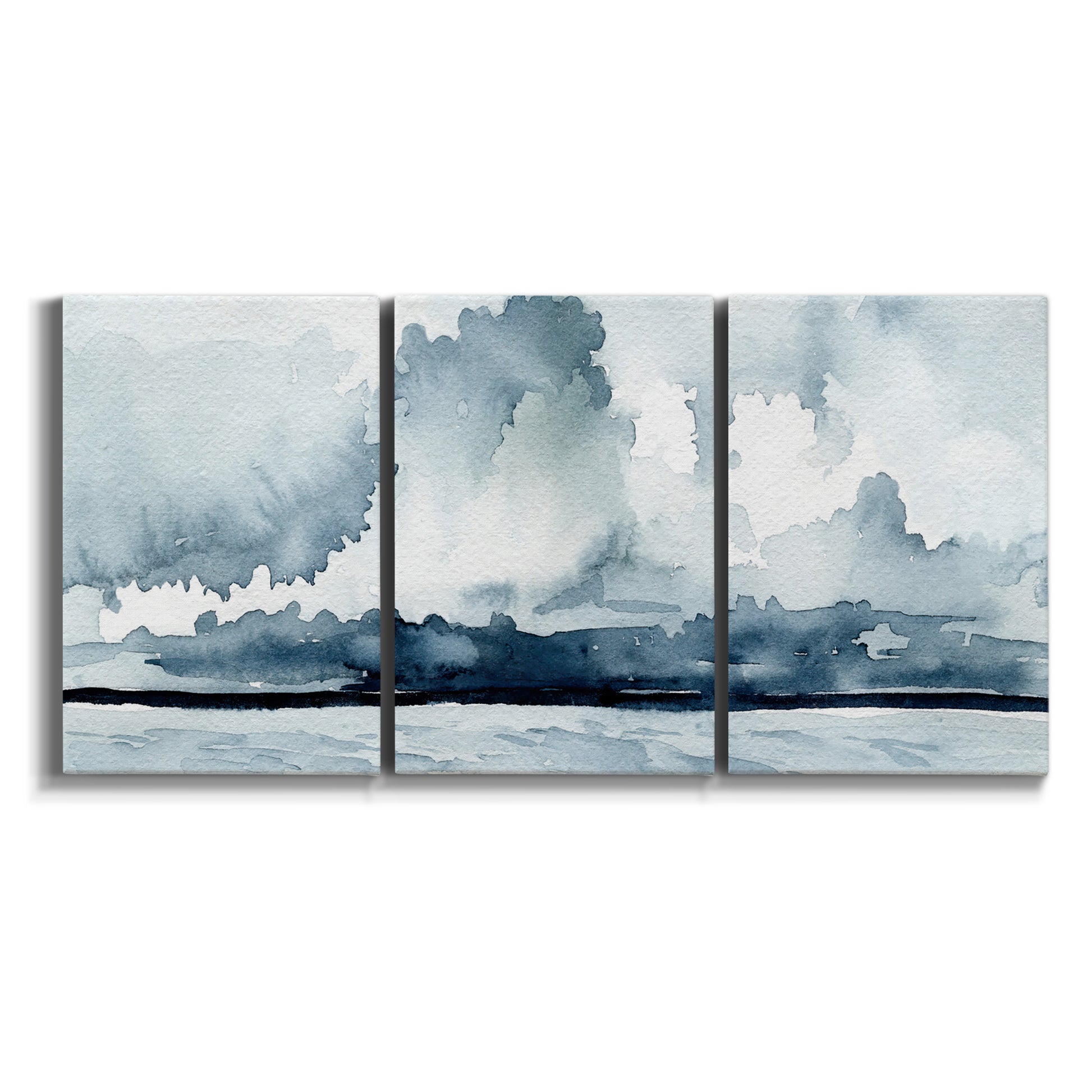Three-panel canvas wall art featuring abstract rainstorm watercolor on white background.