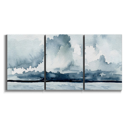 Three-panel canvas wall art featuring abstract rainstorm watercolor on white background.
