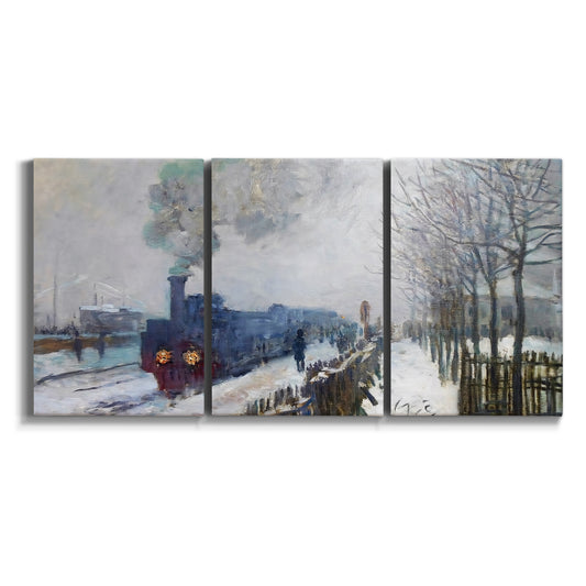 Three-panel canvas wall art featuring steam train in snowy landscape on white background.