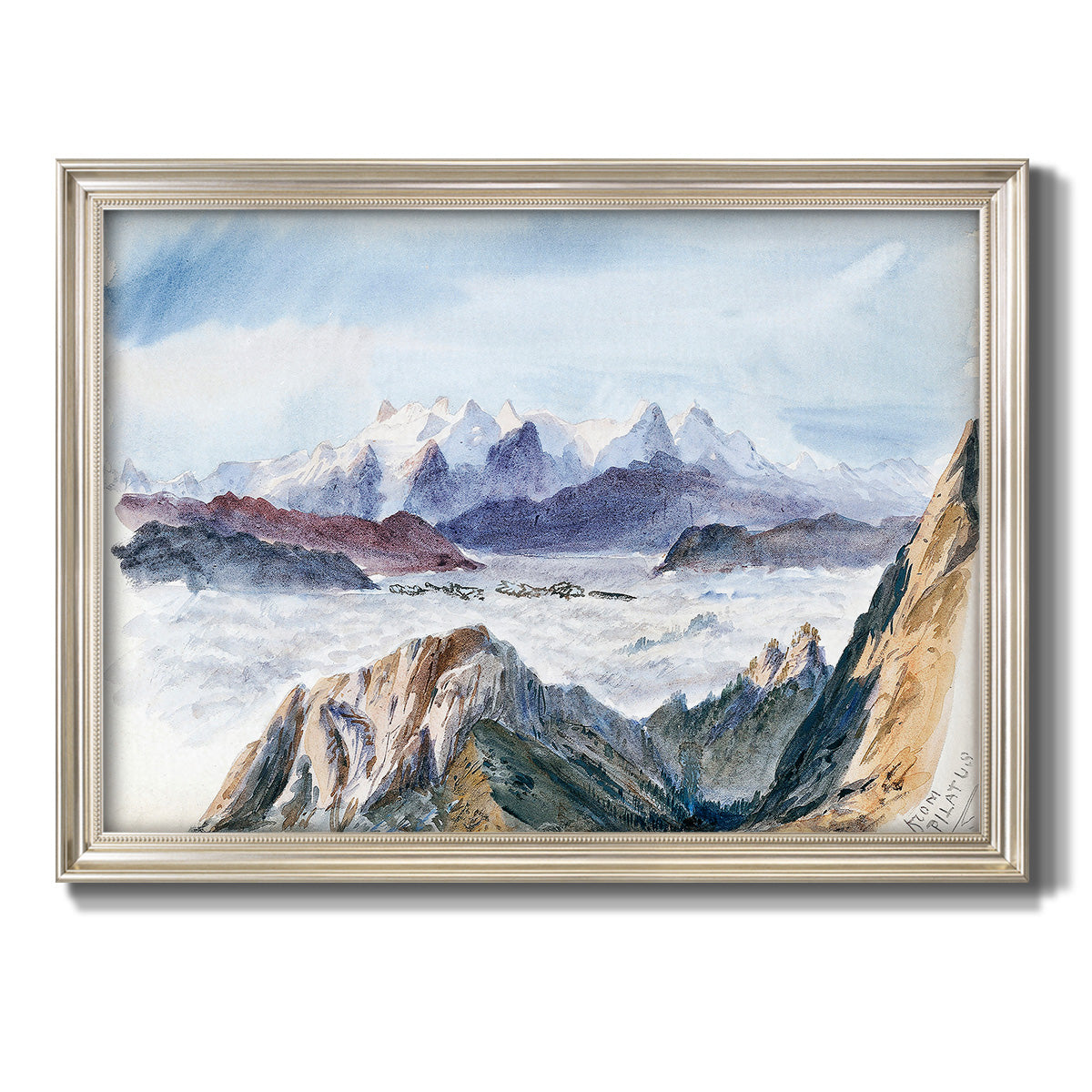 Impressionist alpine mountain landscape by John Singer Sargent printed on canvas in an ornate champagne frame.
