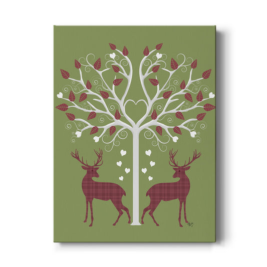 Christmas Des - Deer and Heart Tree, Pink On Green - Canvas Art Print