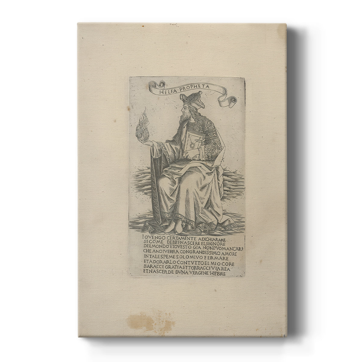Canvas art print featuring a monochrome engraving of a prophet figure with detailed contours and text on a clean white background.
