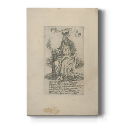 Canvas art print featuring a monochrome engraving of a prophet figure with detailed contours and text on a clean white background.