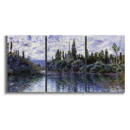 Three-panel canvas wall art featuring quiet river bend near village on white background.