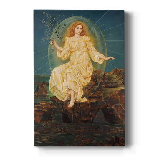Canvas art print featuring a symbolic scene of a glowing female figure emerging from darkness on a clean white background.