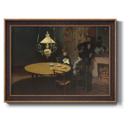 Impressionist domestic interior scene by Claude Monet printed on canvas in an ornate bronzed mahogany wood frame.