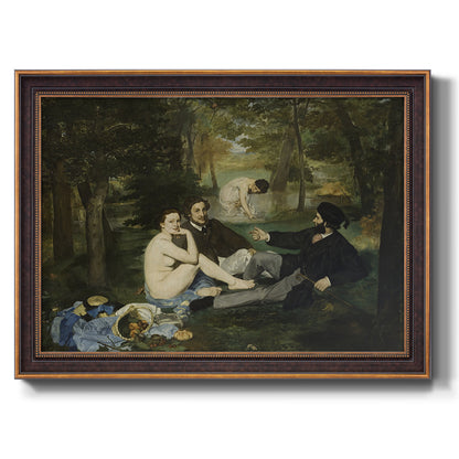 Groundbreaking impressionist picnic scene by Édouard Manet printed on canvas in an ornate bronzed mahogany wood frame.