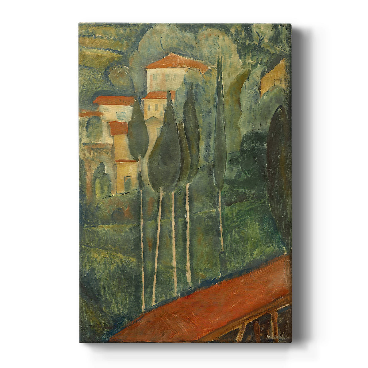 Canvas art print featuring an expressionist landscape with bold colors and simplified forms in a southern setting on a clean white background.
