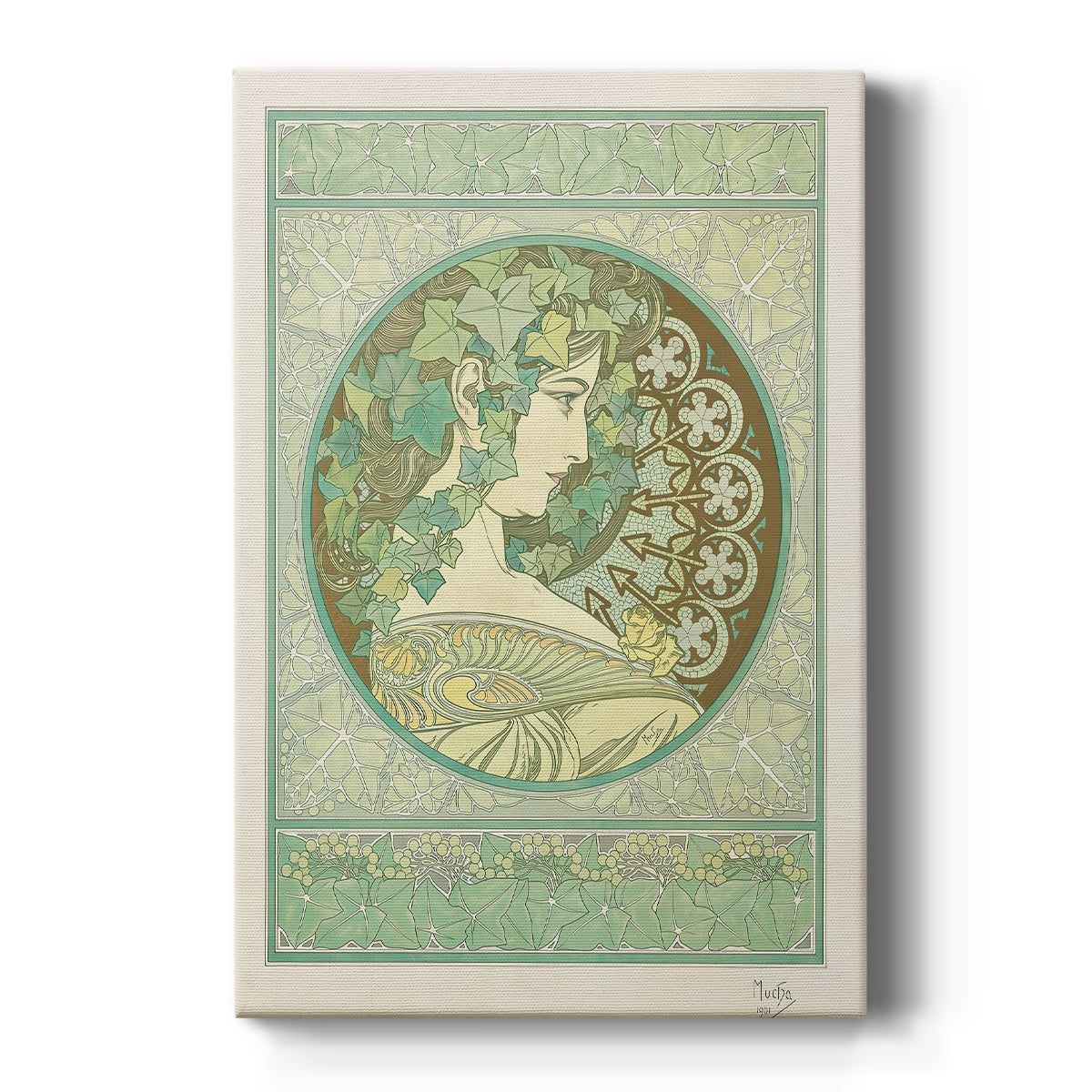 Canvas art print featuring an Art Nouveau portrait of a woman surrounded by ivy leaves and ornate details on a clean white background.