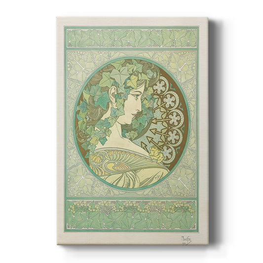 Canvas art print featuring an Art Nouveau portrait of a woman surrounded by ivy leaves and ornate details on a clean white background.