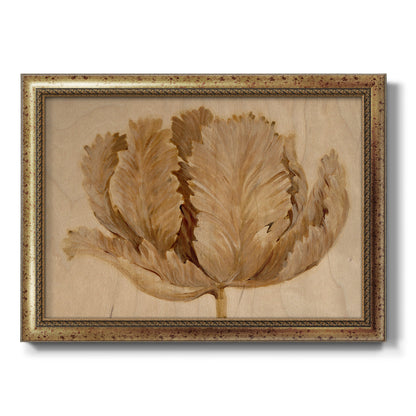 Monochrome sepia tulip flower printed on canvas in an ornate vintage gold frame.