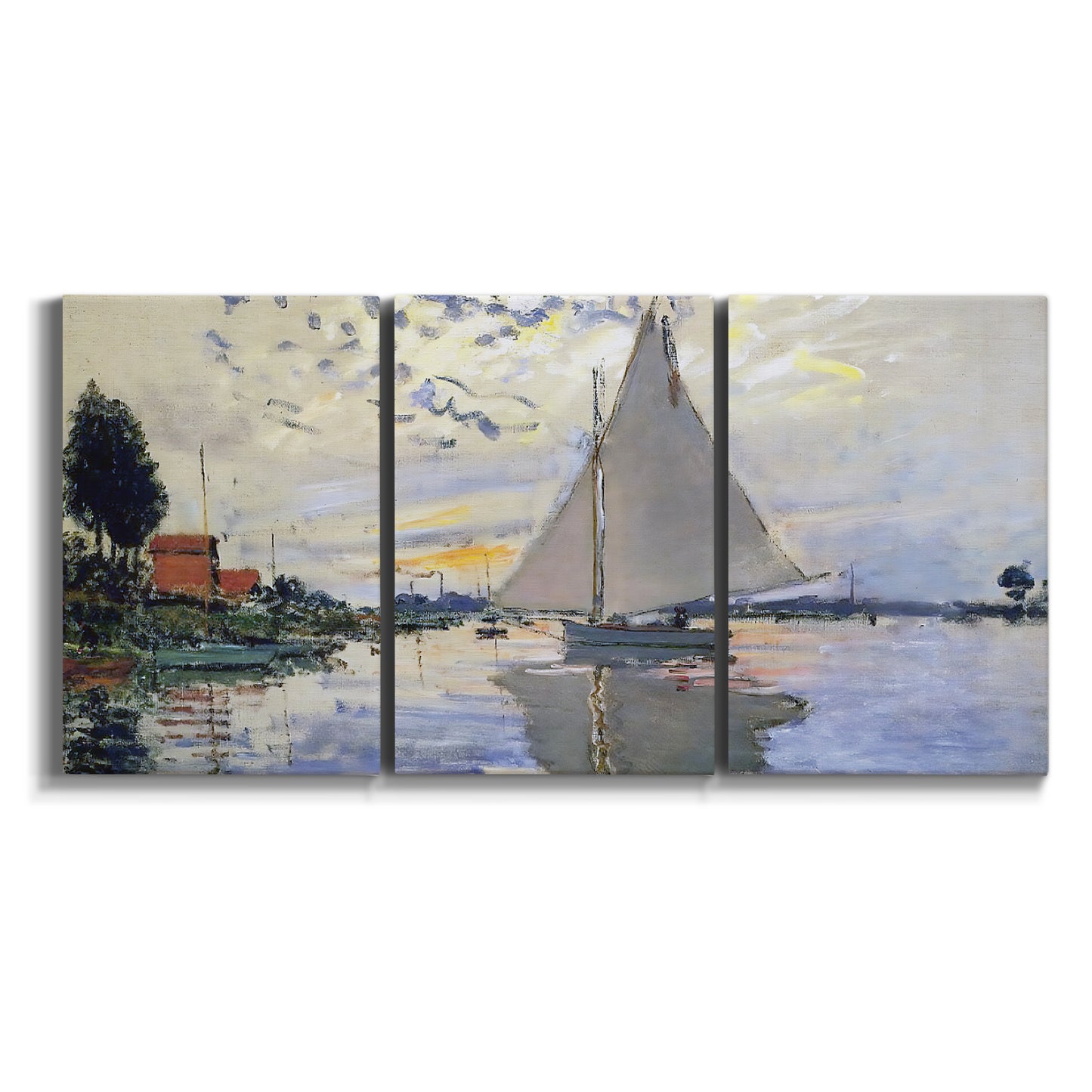 Three-panel canvas wall art featuring riverside village shoreline on white background.