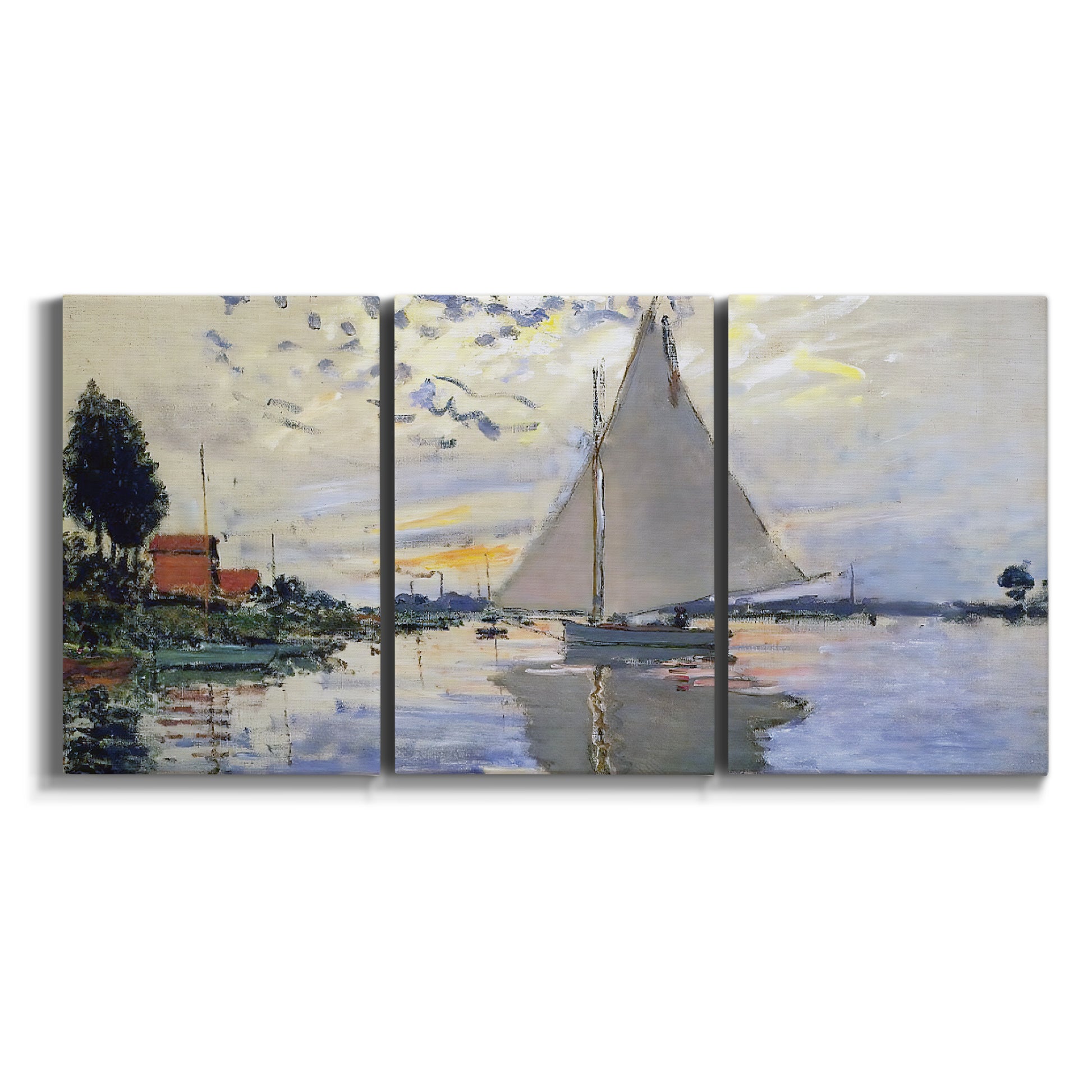 Three-panel canvas wall art featuring riverside village shoreline on white background.