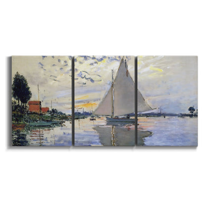 Three-panel canvas wall art featuring riverside village shoreline on white background.