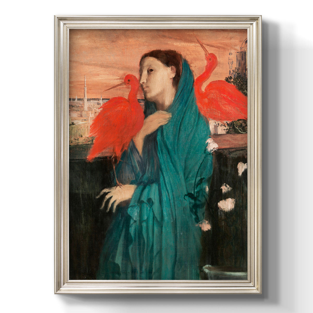 Impressionist portrait of a young woman with an ibis by Edgar Degas printed on canvas in an ornate black frame with gilded inner detail with a vertical orientation.