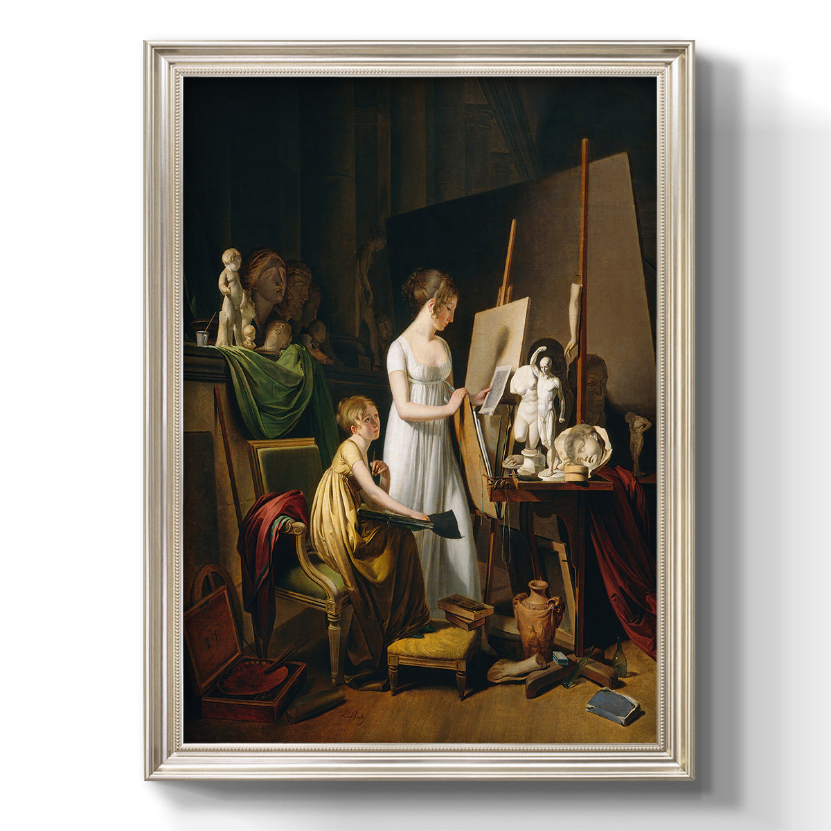 Classical interior painting of an artist at work by Louis-Leopold Boilly printed on canvas in an ornate black frame with gilded inner detail with a vertical orientation.