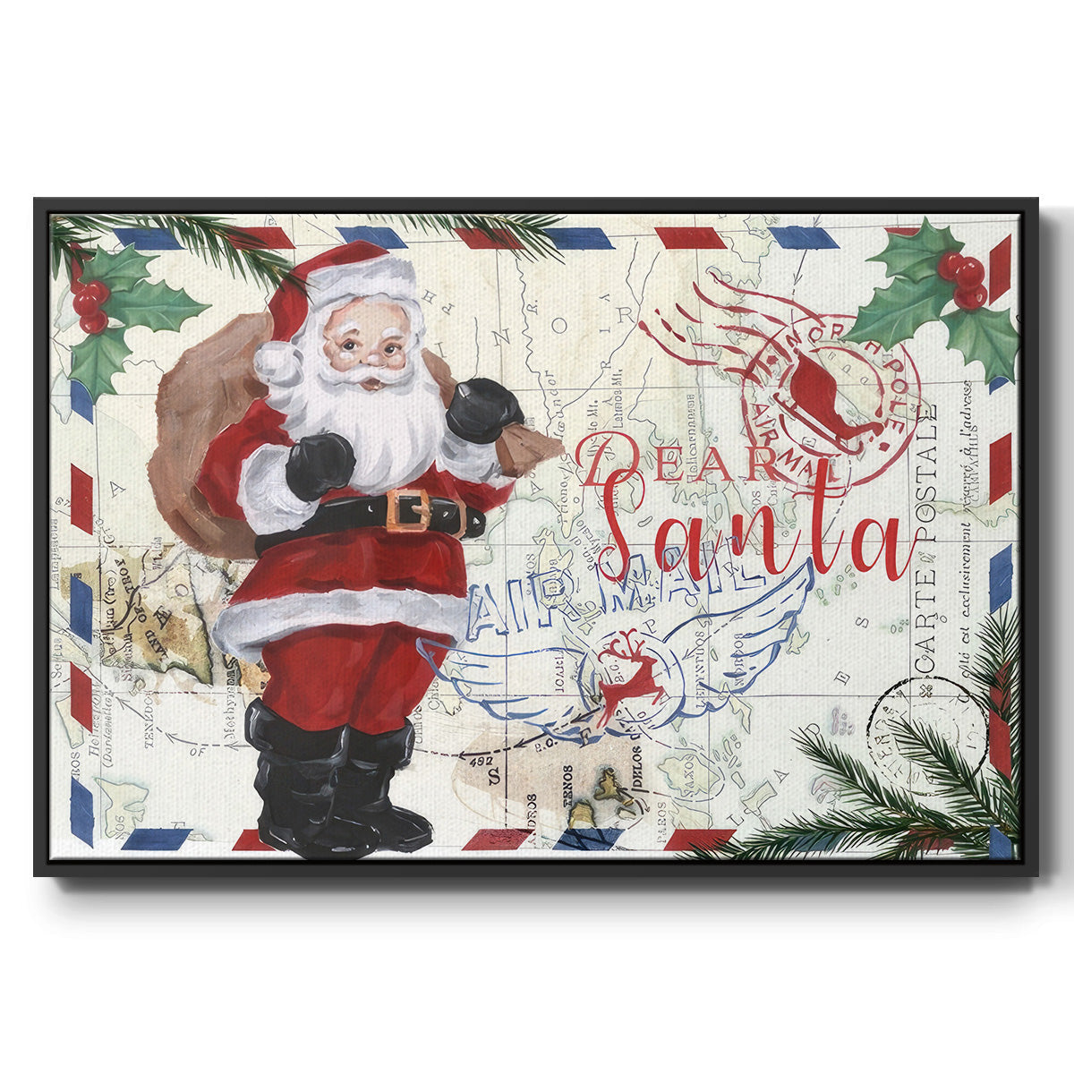 Christmas Par Avion Collection A - Framed Gallery Wrapped Canvas in Floating Frame