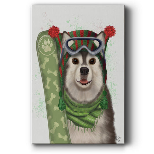 Christmas Husky Snowboard - Gallery Wrapped Canvas