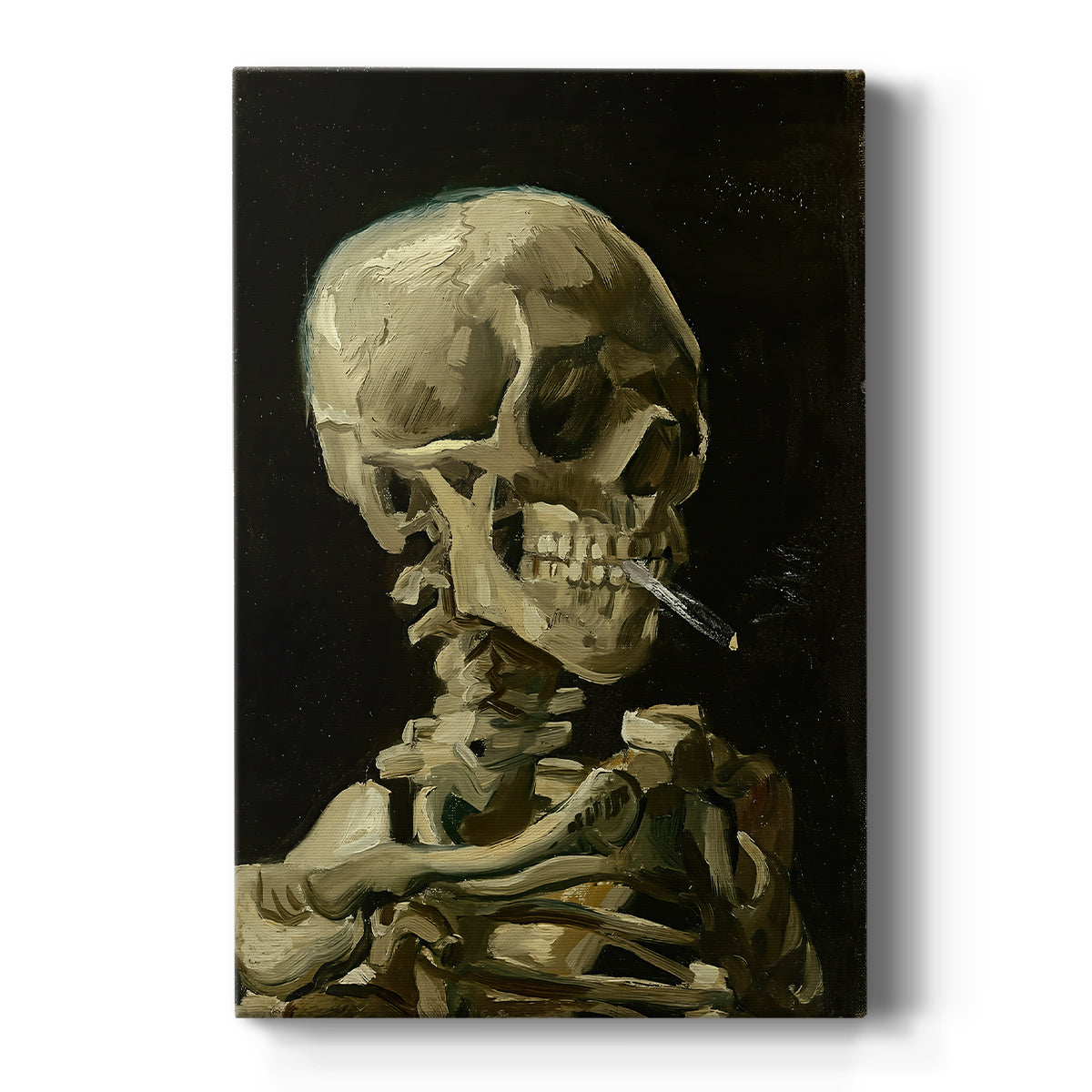 Canvas art print featuring an expressive study of a skeleton smoking with bold contrast and dark tones on a clean white background.