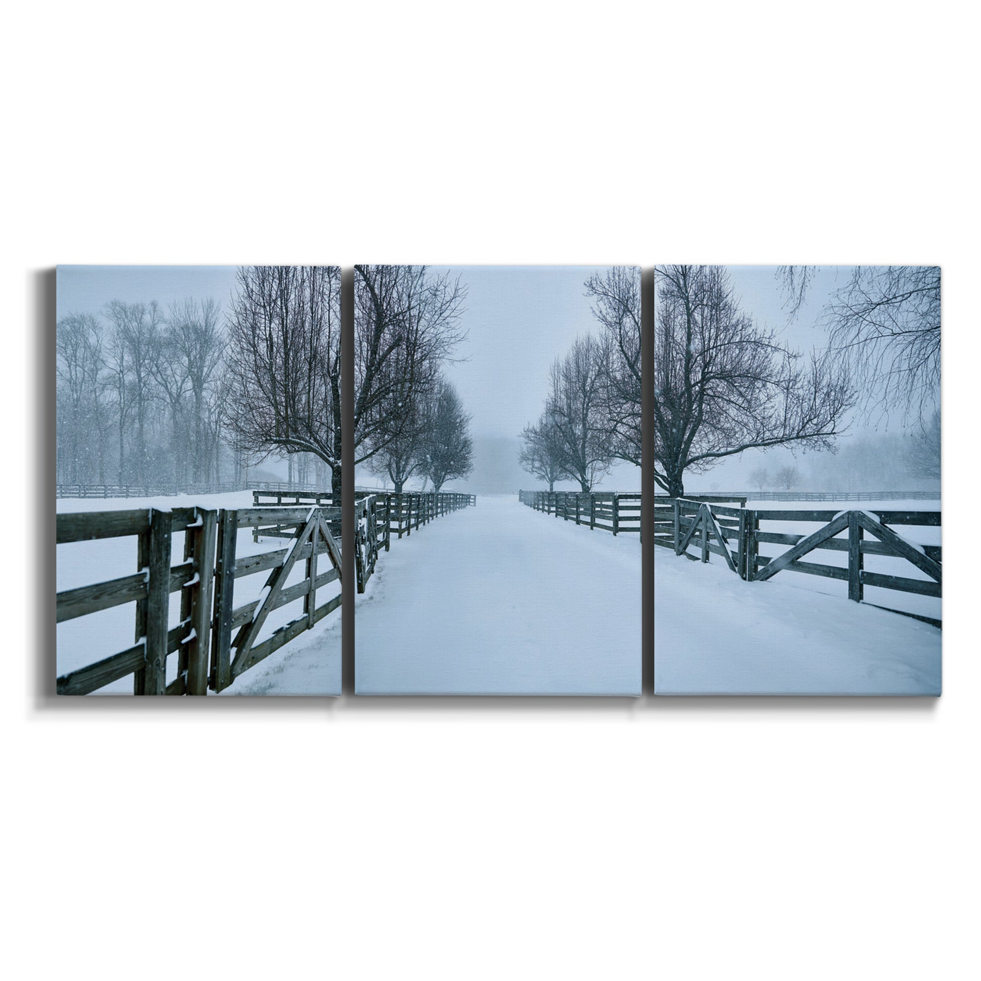 Three-panel canvas wall art featuring snow covered rural road photograph on white background.