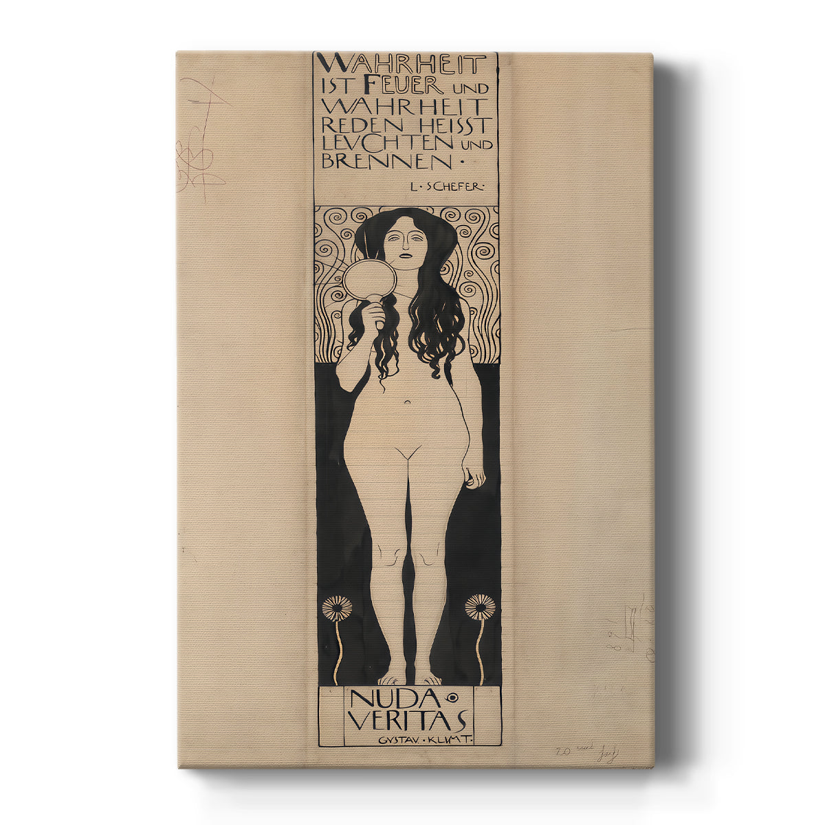 Canvas art print featuring a symbolic portrait of a standing nude woman holding a mirror with ornate detail on a clean white background.