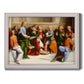 Classical religious painting depicting Christ washing feet by Benvenuto Tisi printed on canvas in an ornate weathered white frame.