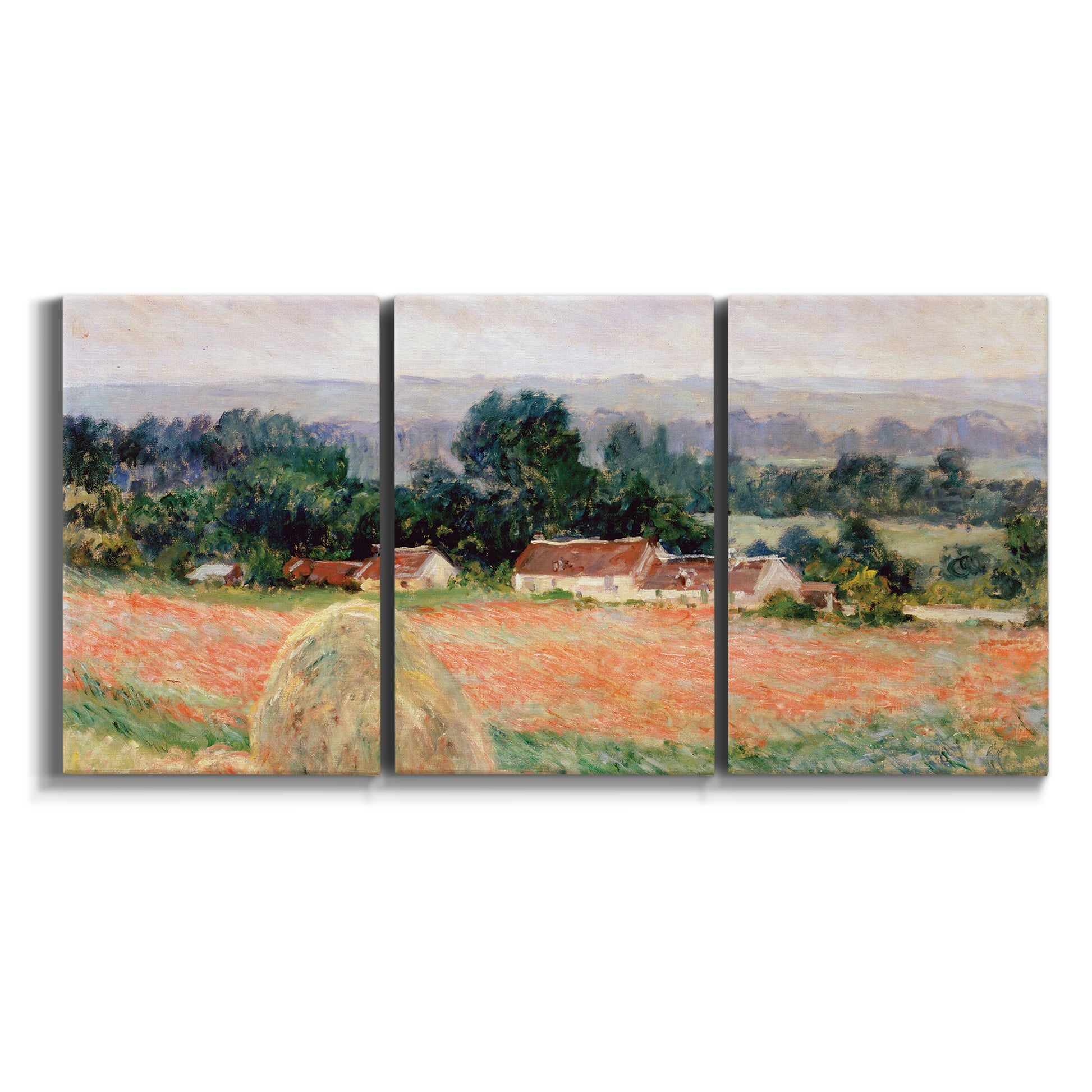 Three-panel canvas wall art featuring haystacks arranged in rural field on white background.