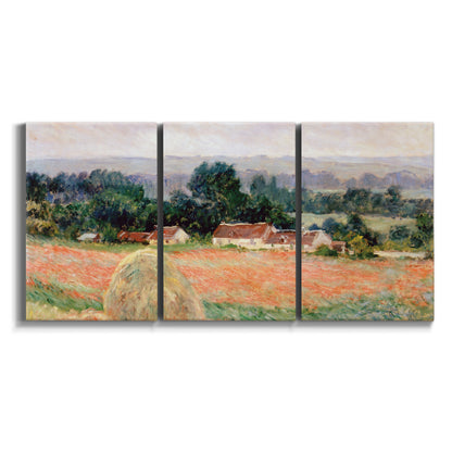 Three-panel canvas wall art featuring haystacks arranged in rural field on white background.